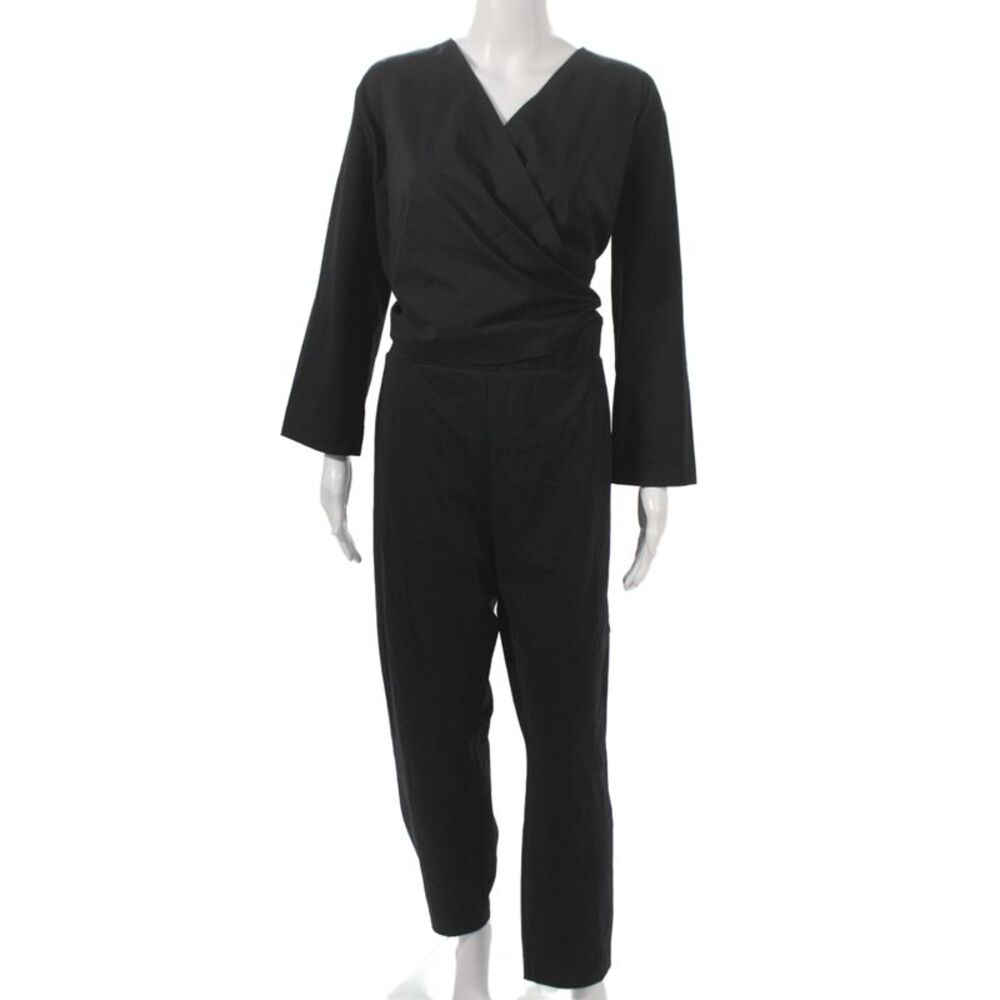 Aday Womens Black V Neck Long Sleeve Jumpsuit Button Nylon Size XL